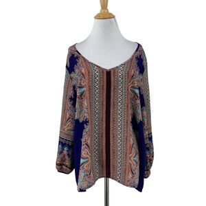 Gibson Latimer Blouse Womens L Large V Neck Floral Geometric Boho Long Sleeve